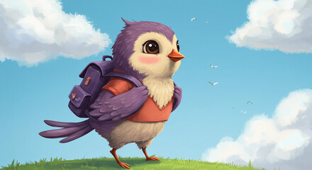 Fototapeta premium A little bird with a backpack going to school, soft blue sky, fluffy clouds, delicate colors