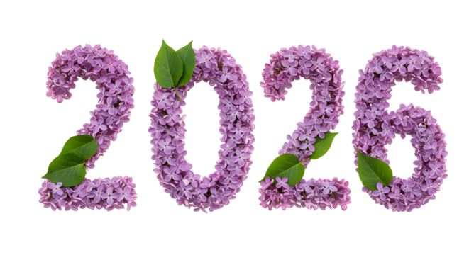 2026 made of purple lilac flowers with green leaves on white background, spring floral number decoration, perfect for seasonal events