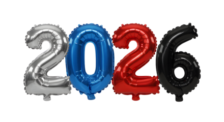 2026 number balloons in silver, blue, red, and black colors on white background, perfect for New Year celebrations or birthday events
