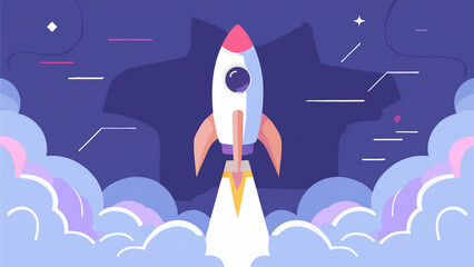 A sleek futuristic rocket ascending into the starry sky, fiery exhaust flames glowing bright orange against deep midnight blue space, cinematic wide-angle shot, dramatic lighting, hopeful and inspirin