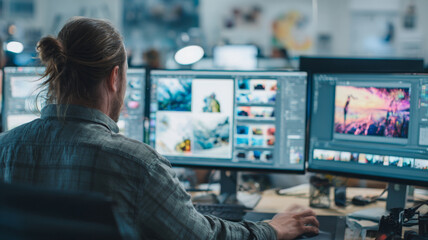 Designer working on digital graphics in modern office environment, focused and creative