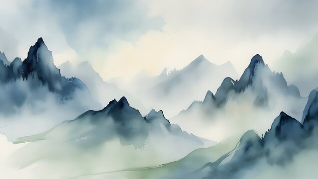 Serene watercolor landscape painting of mountain peaks in mist and fog with soft hues