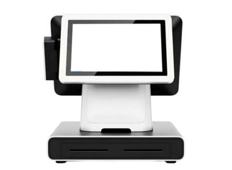 Modern point of sale system with touchscreen and cash drawer isolated on transparent background