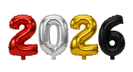 2026 Balloon Numbers in Red Silver Gold and Black Metallic Colors, Festive New Year Celebration Decoration