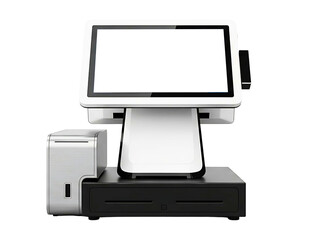 Modern point of sale system with touchscreen and cash drawer isolated on transparent background