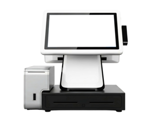 Modern point of sale system with touchscreen and cash drawer isolated on transparent background