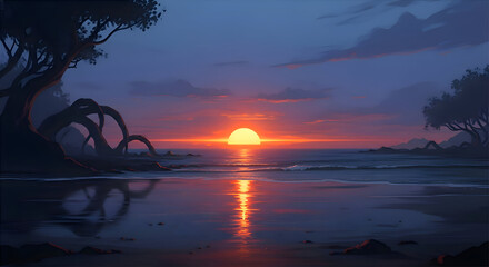 Dreamy Seascape at Sunset with Tree Silhouette