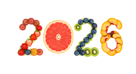 2026 made from fresh colorful fruits including strawberries, grapes, kiwi, blueberries, grapefruit, and peaches on white background, healthy concept, perfect for nutrition posts