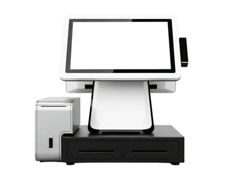 Modern point of sale system with touchscreen and cash drawer isolated on transparent background