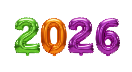 Colorful green orange and purple foil balloons shaped as 2026 numbers, bright party decoration for New Year celebrations
