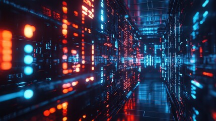 Abstract digital corridor with red and blue lights creating a futuristic technology landscape