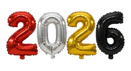 2026 number balloons red silver gold and black isolated on white background perfect for New Year celebrations and parties