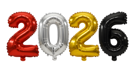 2026 number balloons red silver gold and black isolated on white background perfect for New Year celebrations and parties