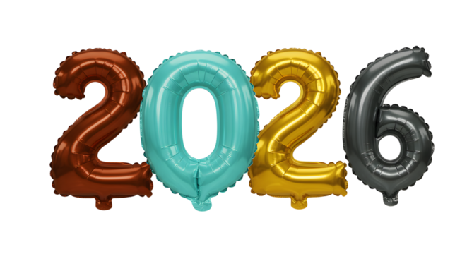 2026 metallic foil number balloons in brown, teal, gold, and black colors against white background, perfect for New Year celebrations and milestone events