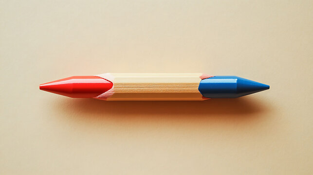 A dual-colored pencil with red and blue tips centered on a clean beige background, captured from top-down in balanced soft studio light,