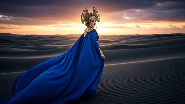 A beautiful fantasy queen in a flowing blue cape and golden headdress in a black sand desert at sunset.