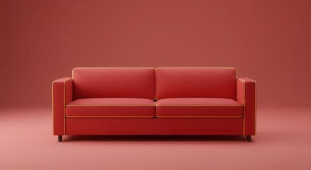 Fototapeta premium A red couch with gold trim sits against a solid coral-red backdrop, evoking a modern, minimalist design.