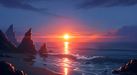 Sea Sunset with Rocks and Waves Painting Illustration