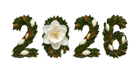 2026 spelled out in floral magnolia wreath numbers with green leaves and white flowers, perfect for new year celebrations or spring events
