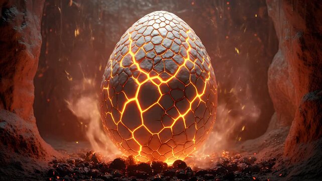 A colossal dragon egg, glowing with molten energy, cracks open in a dark, rocky cave.