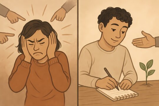 A conceptual split illustration showing one person distressed by criticism while another embraces feedback for growth, symbolizing mindset, resilience, and self improvement.