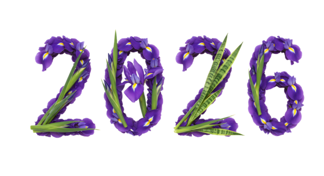 2026 year made of purple iris flowers and green leaves on white background, floral calendar design perfect for nature themes