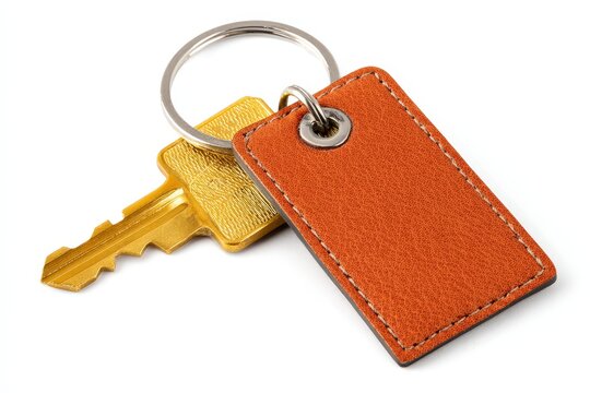 Golden key and blank brown leather keychain on metal keyring, isolated background