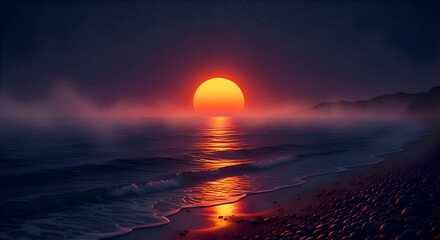 Fiery Sunset Over Calm Ocean with Rocky Shore