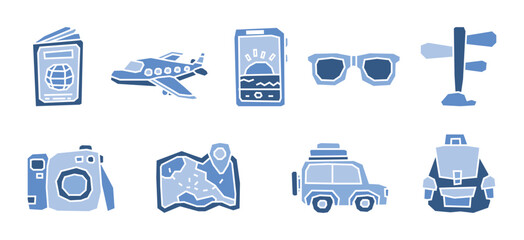 Solid Blue Tone Color Filled Traveling Theme Icon Collection in Cutout and Flat Design