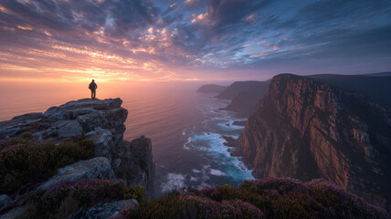 Lone photographer stands on cliff edge, capturing breathtaking sunset over ocean