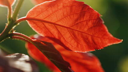 Detailed Close-up Red Leaf Vein Pattern in Sunlight Nature Image