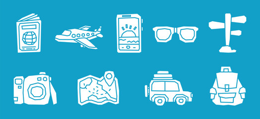 Solid White Color Filled Traveling Theme Icon Collection in Cutout and Flat Design