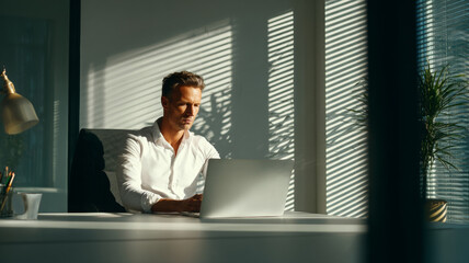 Fototapeta premium Man in white shirt working at modern desk, focused on his laptop in sunlit office