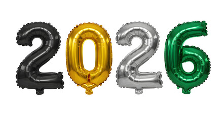 Black gold silver and green 2026 foil balloons isolated on white background, perfect for New Year celebrations or countdown events
