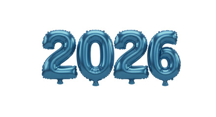 Blue metallic balloons shaped as number 2026 isolated on white background, new year celebration concept