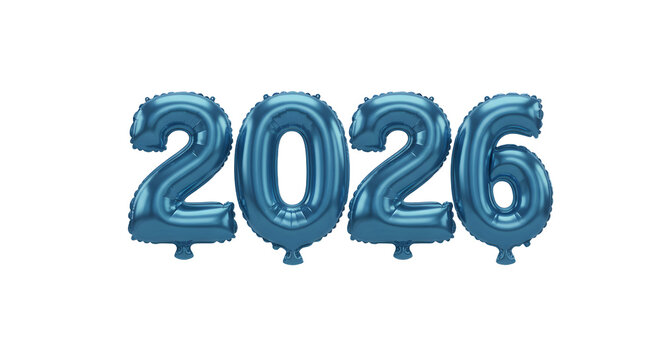 Blue metallic balloons shaped as number 2026 isolated on white background, new year celebration concept