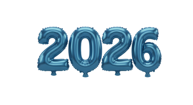 Blue metallic balloons shaped as number 2026 isolated on white background, new year celebration concept