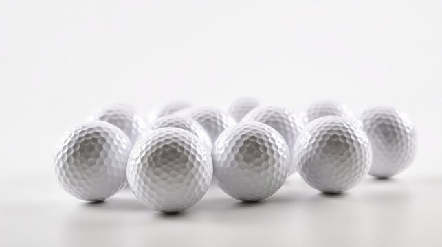 Several white golf balls with dimpled textures clustered together on a clean bright background,