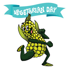 Celebrate Vegetarian Day with enthusiasm! This cheerful corn character is running to promote a healthy, plant-based lifestyle. Perfect for Vegetarian Day campaigns or healthy food promotions!