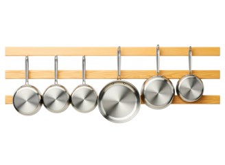 Set of stainless steel pots hanging on a wooden rack isolated on transparent background