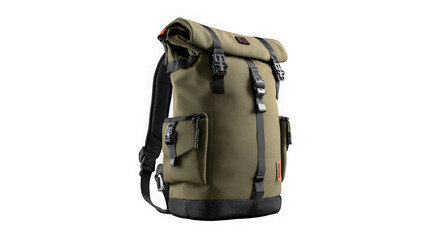 Naklejka premium Durable green backpack with multiple pockets for outdoor adventures and travel essentials transparent background