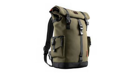 Durable green backpack with multiple pockets for outdoor adventures and travel essentials transparent background