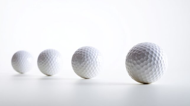 Four white golf balls arranged diagonally on a light grey background, decreasing in size from front to back,