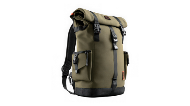 Durable green backpack with multiple pockets for outdoor adventures and travel essentials transparent background