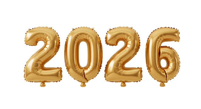 Gold foil balloon numbers 2026 isolated on black background, new year celebration or milestone event decoration