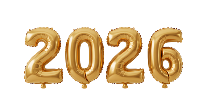Gold foil balloon numbers 2026 isolated on black background, new year celebration or milestone event decoration