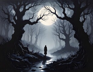 Gloomy forest path under a full moon