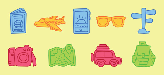 Solid Colorful Traveling Theme Icon Collection in a Cutout and Flat Design and Thick Line Outline