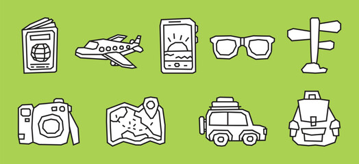 Solid Black and White Traveling Theme Icon Collection in a Cutout and Flat Design and Thick Outline