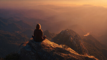 Person sitting cross legged on mountain peak, enjoying serene sunset view